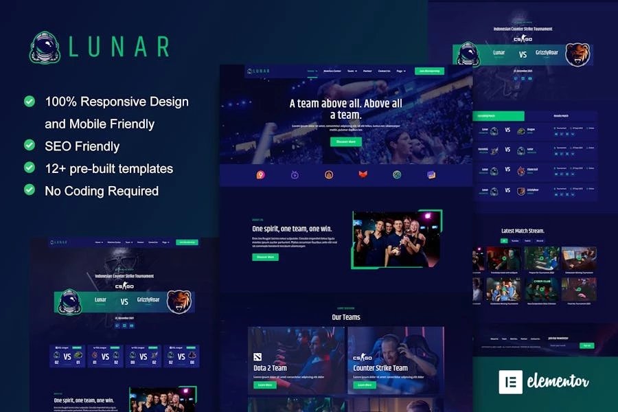 Lunar - Kit de plantillas Elementor para juegos y deportes electrónicos