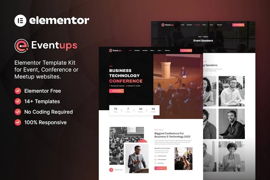 Eventups Template Kit Elementor para eventos y conferencias