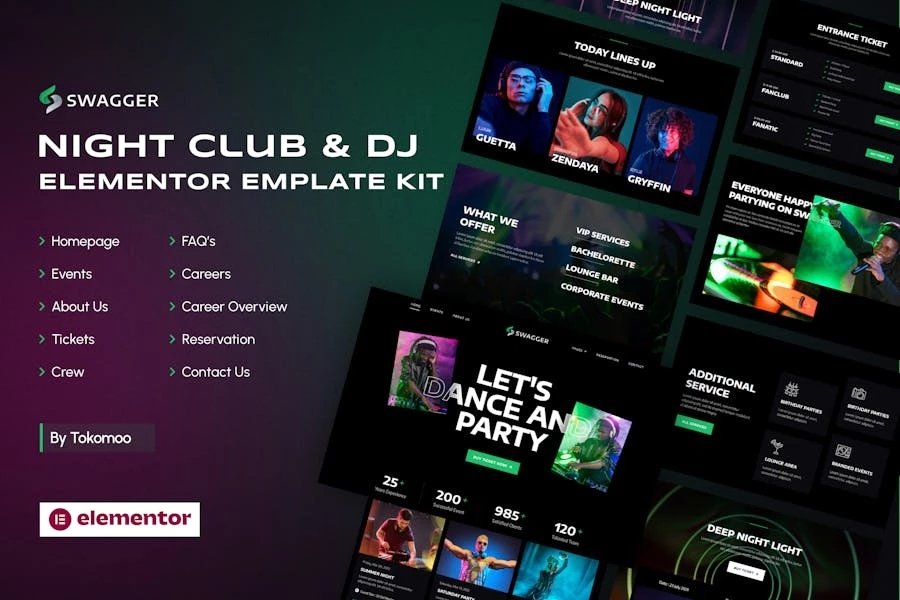 Swagger Template Kit de club nocturno y DJ Elementor