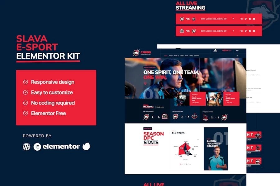 Slava - Template Kit Elementor para deportes electrónicos y juegos