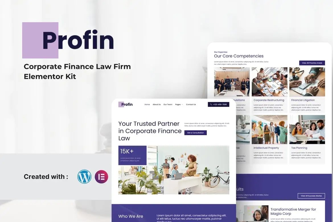 Profin - Kit de plantillas Elementor para bufetes de abogados financieros