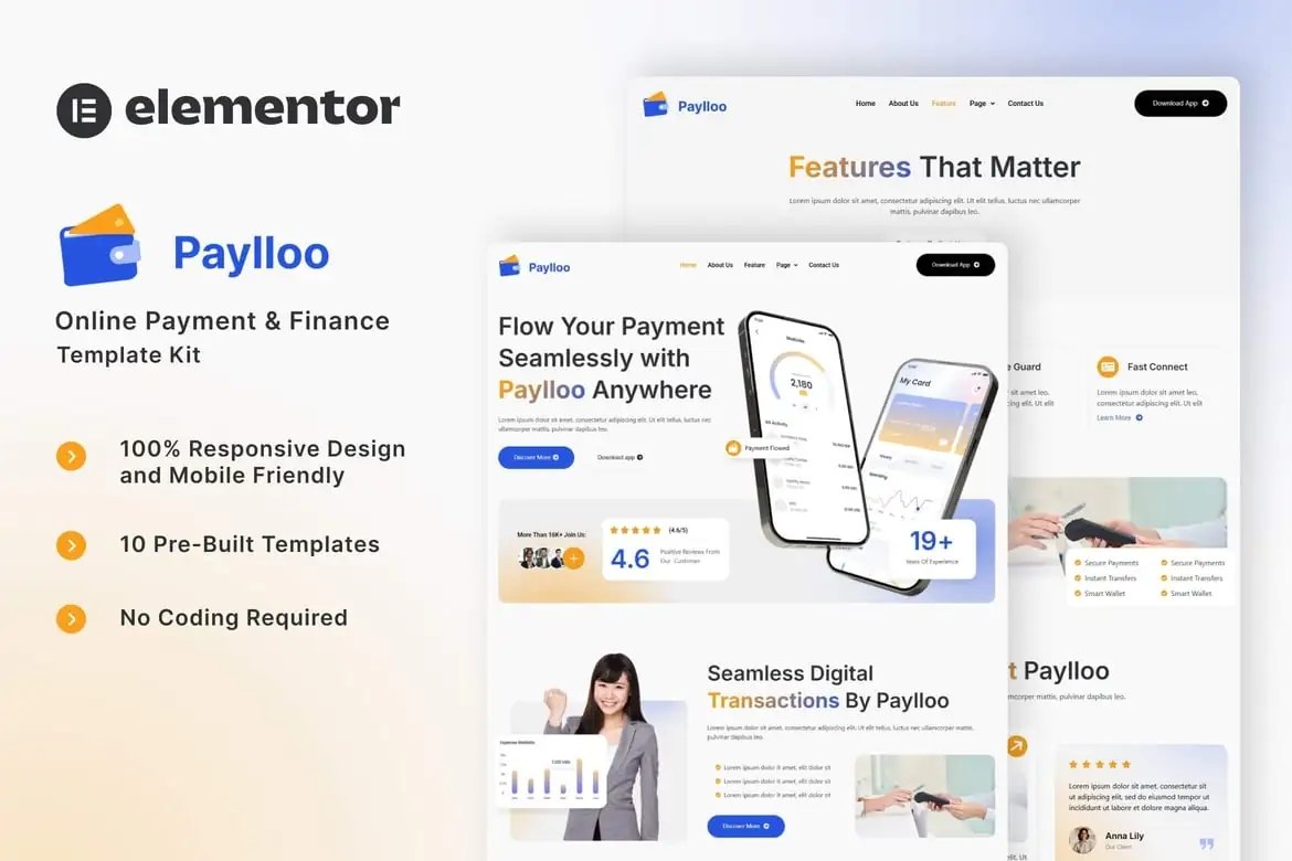Paylloo - Kit de plantillas Elementor para pagos y finanzas en línea