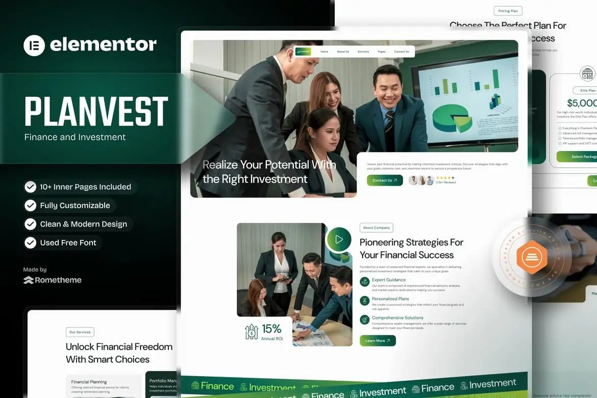 Plantvest - Kit de plantillas Elementor para finanzas e inversiones