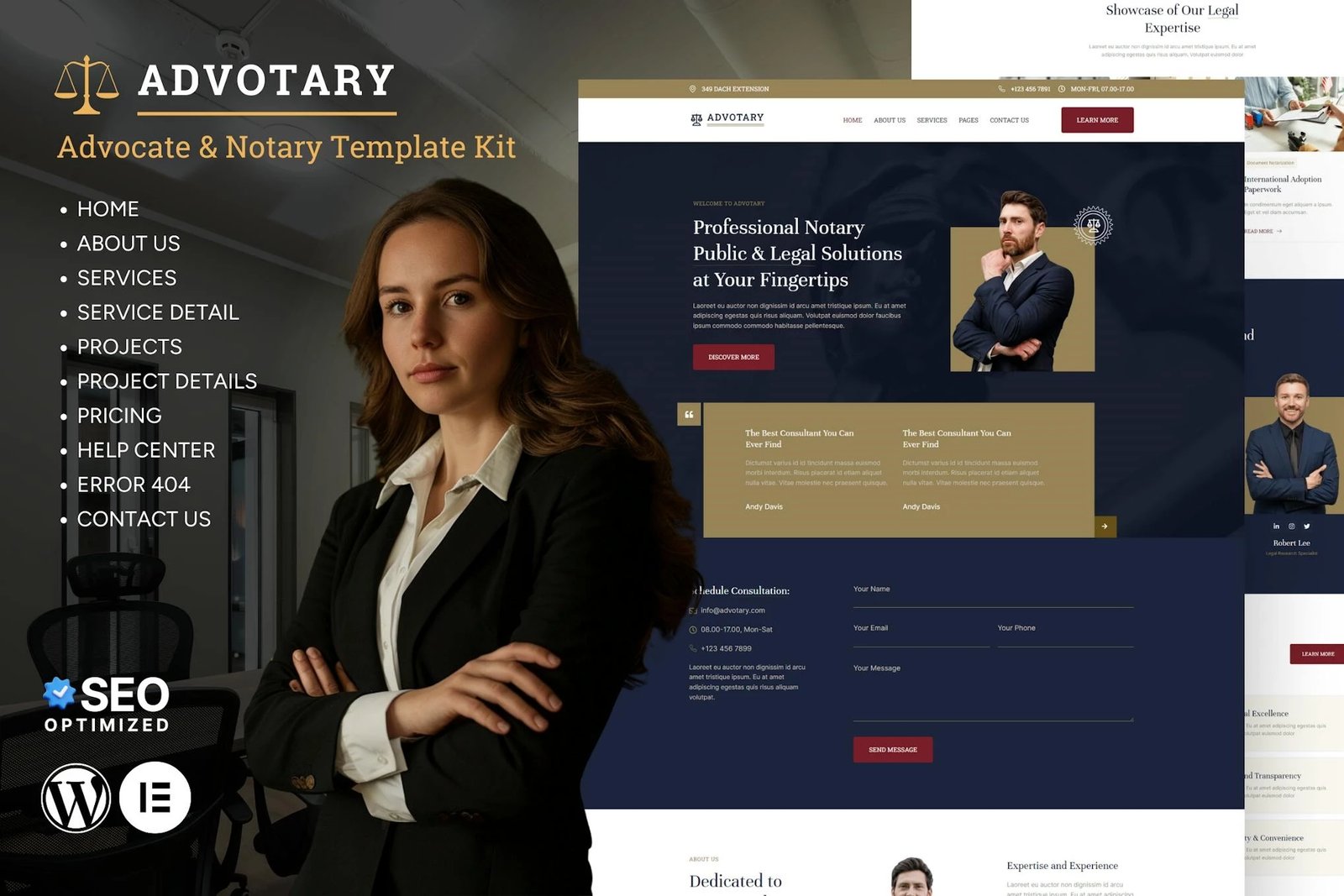 Advotary - Kit de plantillas Elementor para notarios públicos y servicios legales