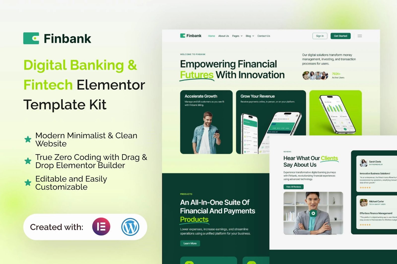 Finbank - Kit de plantillas Elementor para banca digital y tecnología financiera