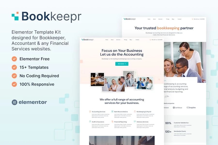 BookKeepr Template Kit Elementor para servicios de teneduría de libros y contabilidad