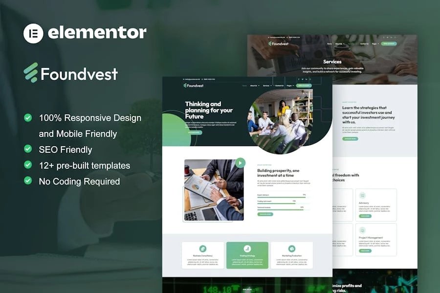 FoundVest - Kit de plantillas Elementor Pro para finanzas e inversiones