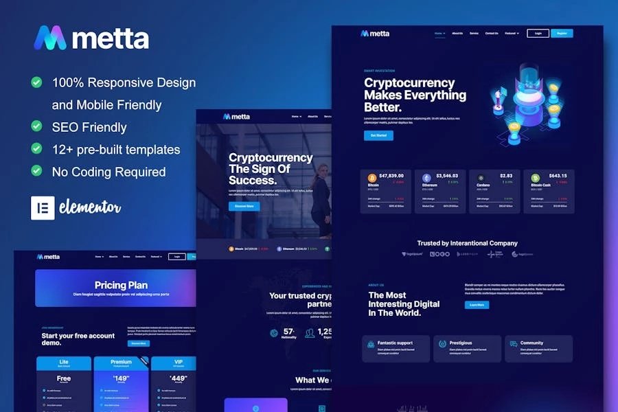Metta - Kit de plantillas de cadena de bloques de criptomonedas y Bitcoin Elementor