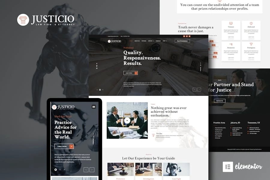 Justicio - Kit de plantillas Elementor para bufete de abogados y abogados