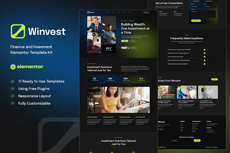 Winvest - Kit de plantillas Elementor para finanzas e inversiones