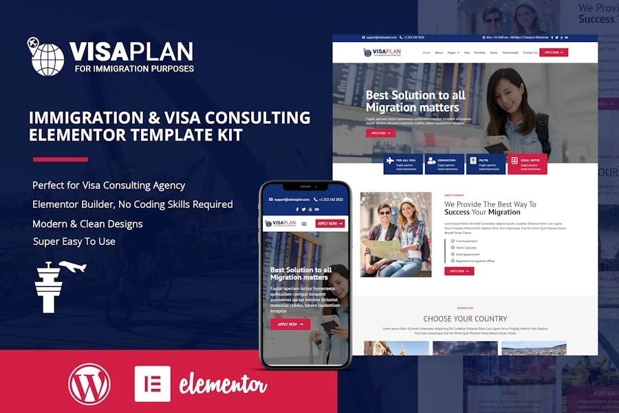 VisaPlan - Template Kit Elementor para consultoría de inmigración y visas