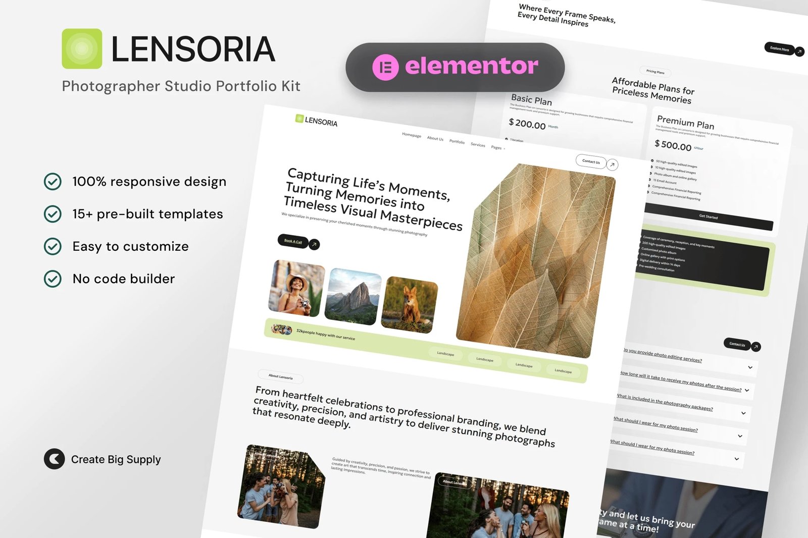Lensoria - Kit de Plantillas Elementor para Porfolio de Estudio Fotográfico