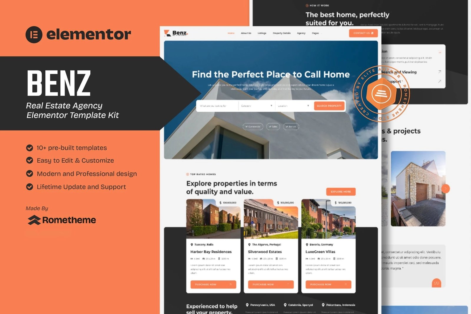 Benz - Kit de plantillas Elementor para bienes raíces