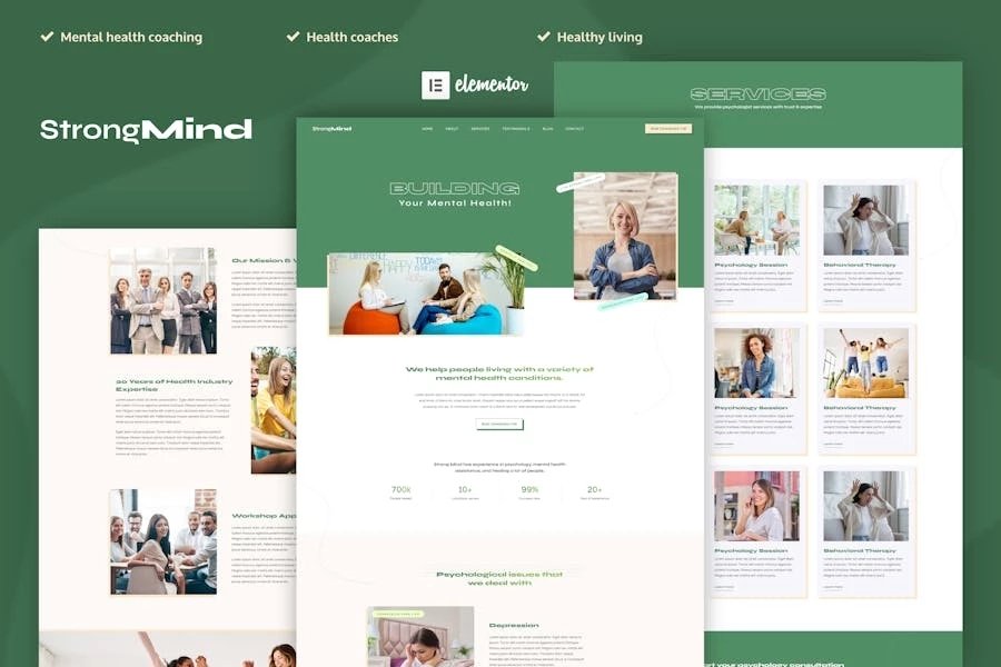 StrongMind - Template Kit Elementor Pro de salud mental y psicología