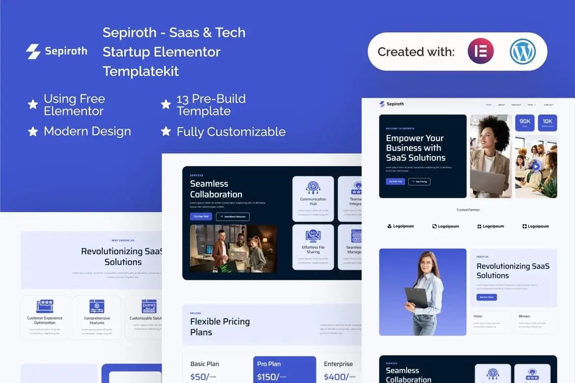 Sepiroth - Kit de plantillas Elementor para empresas emergentes de Saas y tecnología