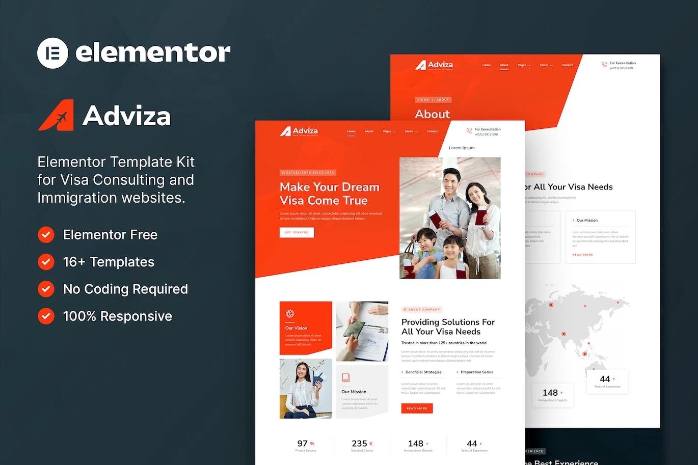 Adviza Template Kit Elementor para consultoría de inmigración y visas