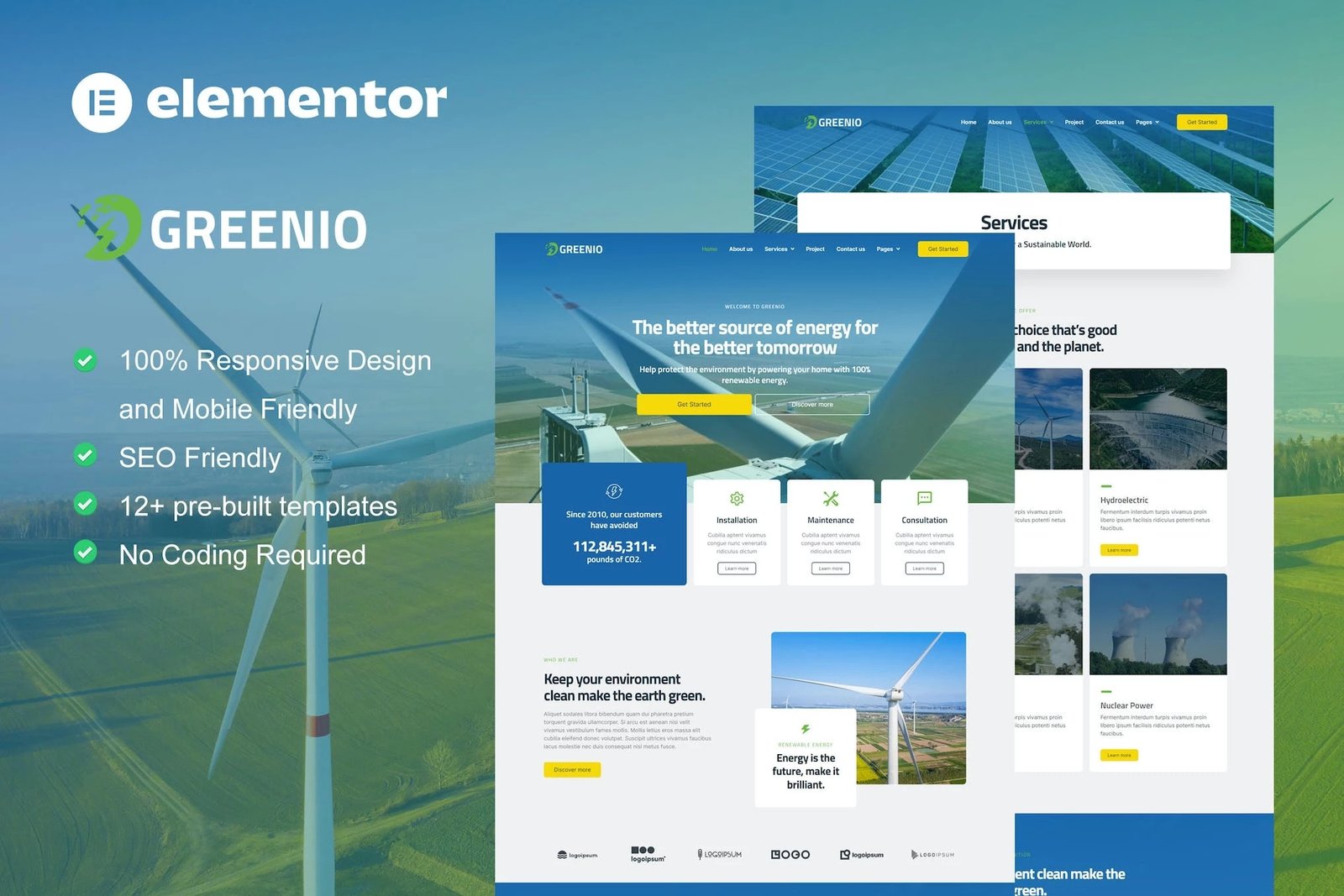 Greenio - Template Kit Elementor para una empresa de energía y tecnología verdes