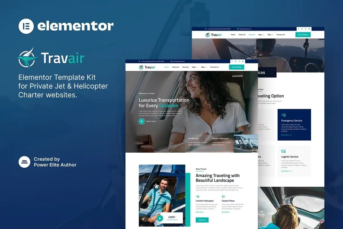 Travair - Template Kit Elementor para chárter de jet privado y helicóptero