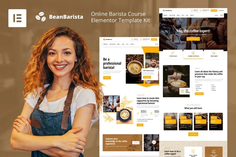Bean Barista - Kit de plantillas Elementor Pro para cursos de baristas en línea
