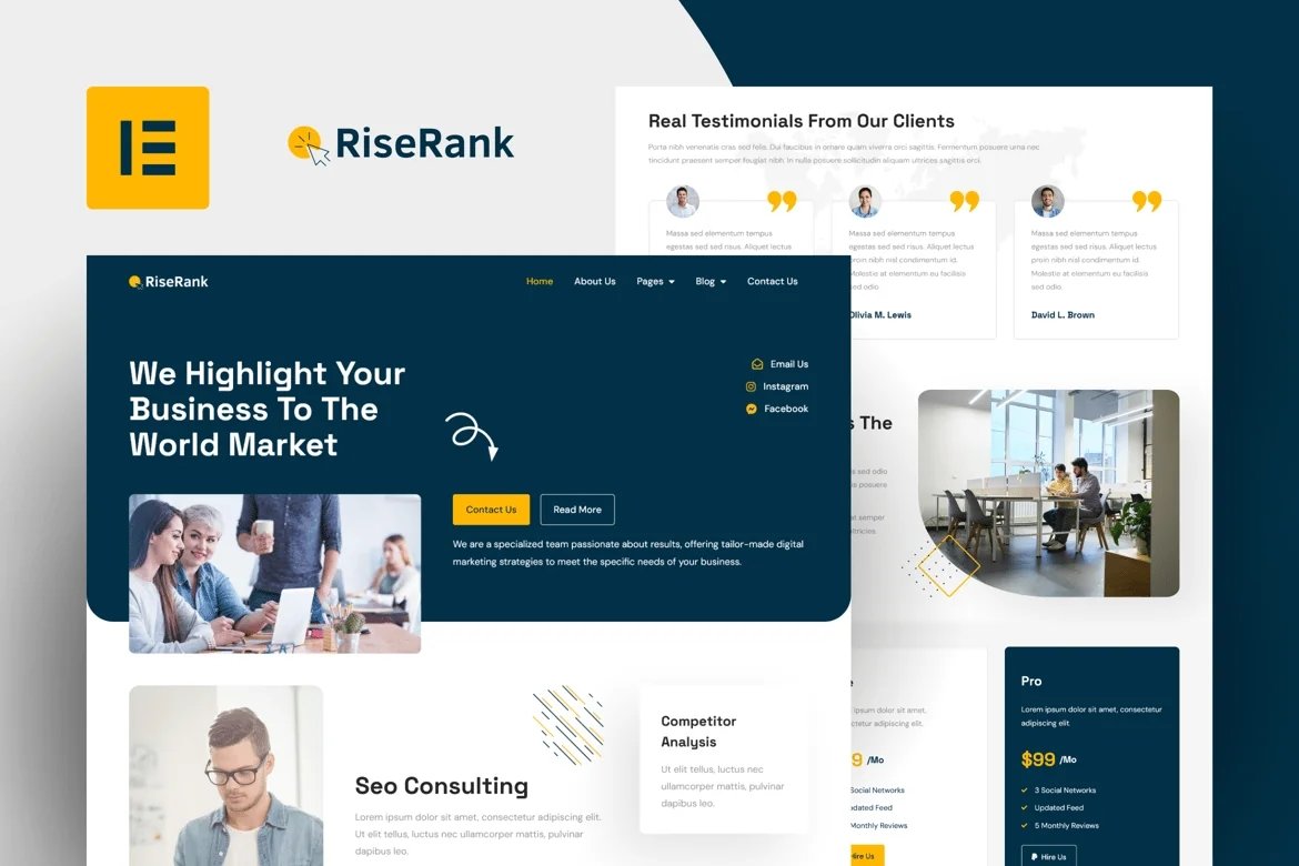Riserank - Kit de plantillas Elementor Pro para agencia de marketing digital