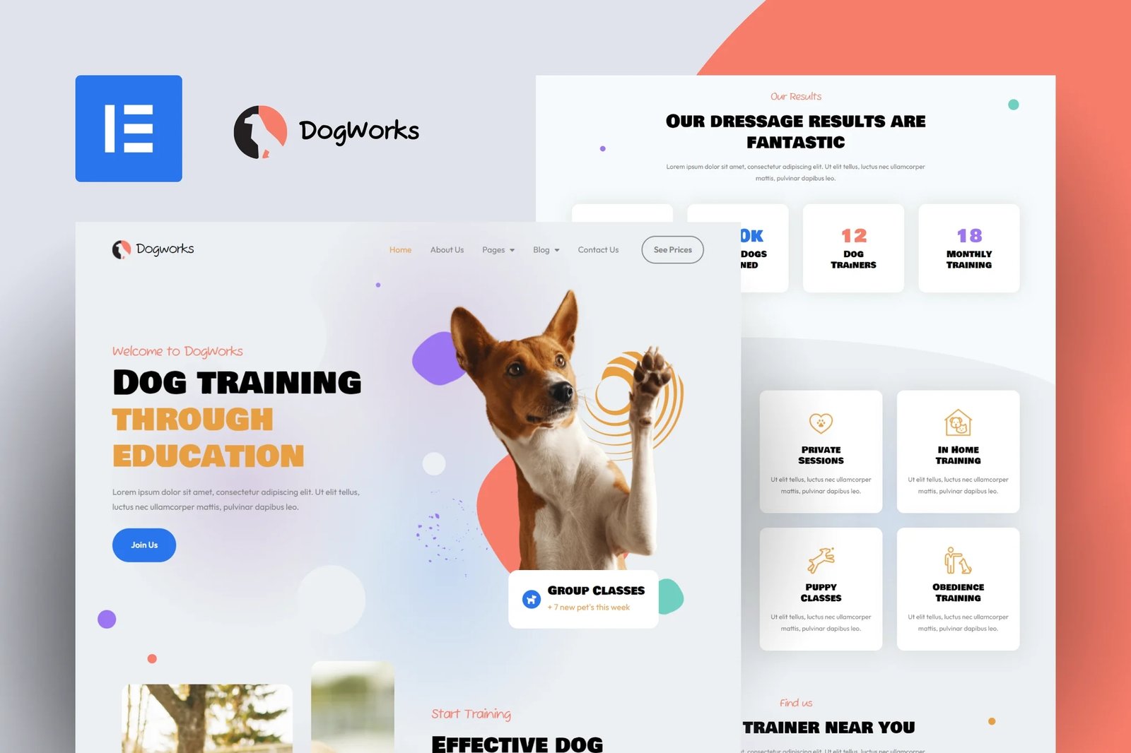 DogWorks - Kit de plantillas Elementor Pro para adiestramiento canino