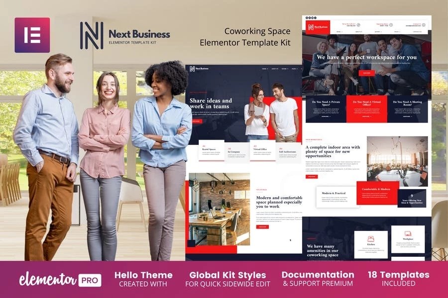Next Business Kit de plantillas Elementor Pro para espacios de trabajo conjunto