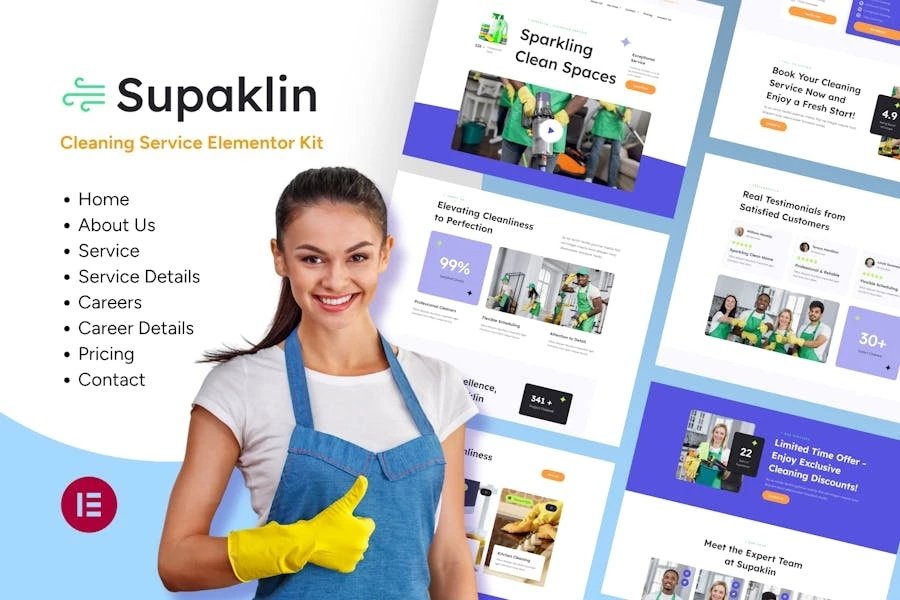 Supklin - Kit de plantillas Elementor para empresas de servicios de limpieza