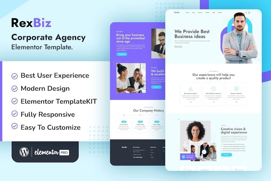 Rexbiz - Template Kit Elementor para Agencia Corporativa