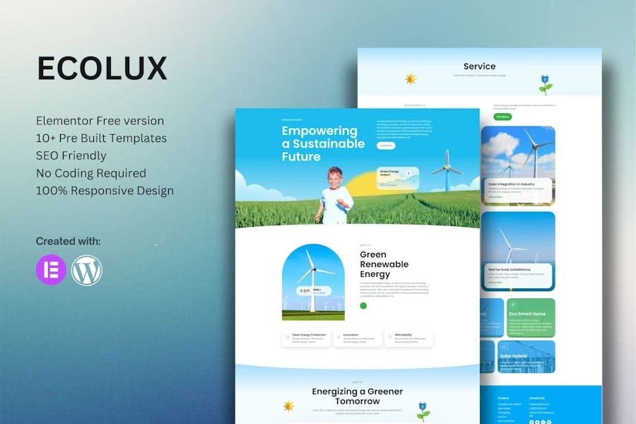 Ecolux - Kit de plantillas Elementor de energía renovable ecológica