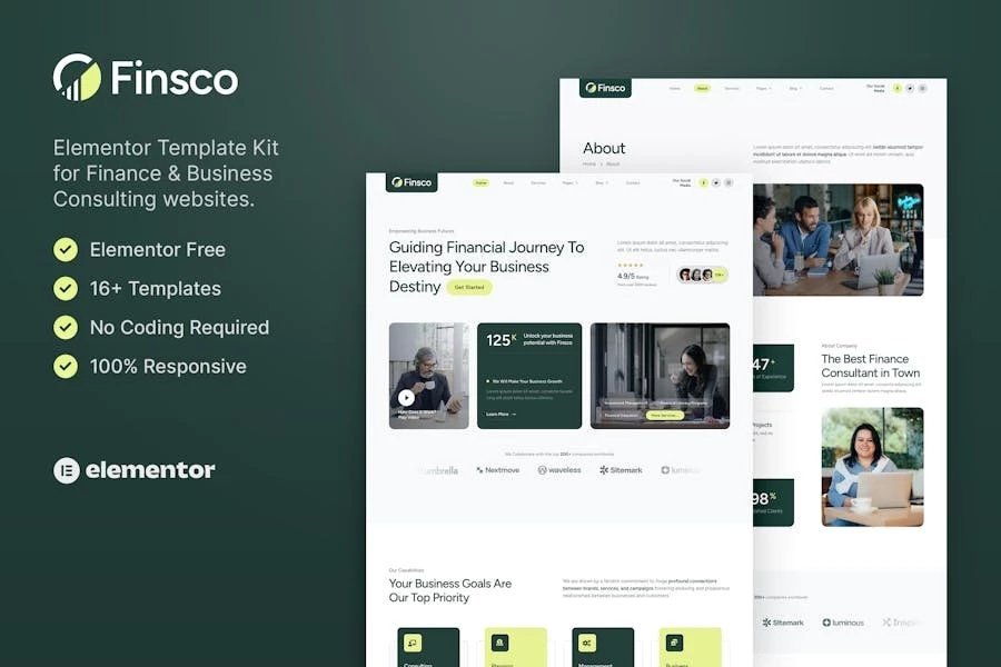 Finsco Kit de plantillas Elementor para consultoría financiera y empresarial