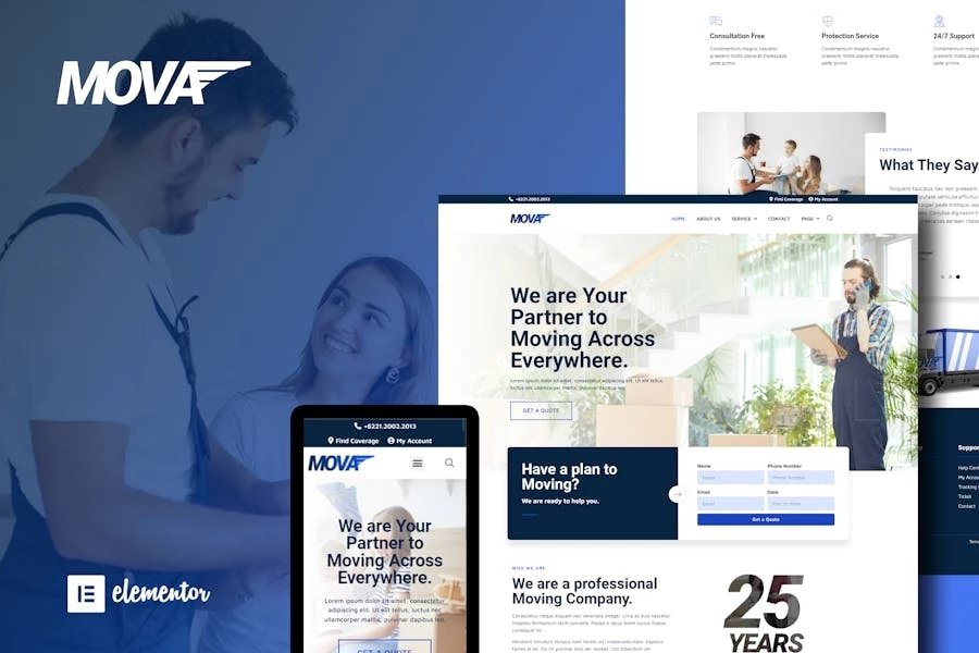 Mova - Kit de plantillas Elementor para empresas de mudanzas