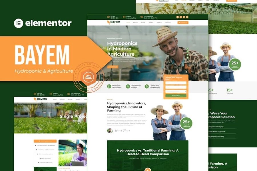 Bayem - Kit de plantillas Elementor para hidroponía y agricultura