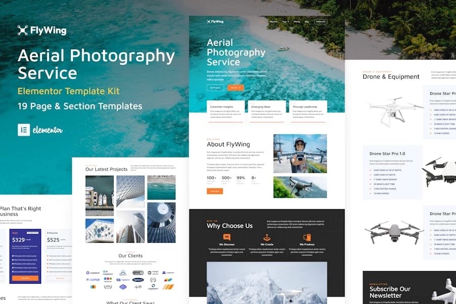 FlyWing - Template Kit de WordPress Elementor para fotografía y vídeo aéreo de Zumbido