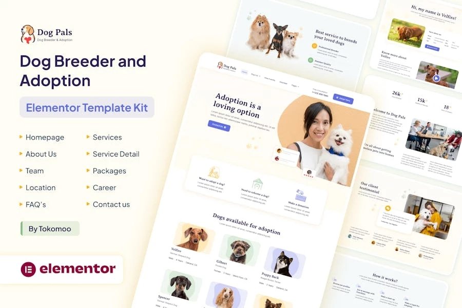 Dog Pals - Template Kit Elementor para criadores y adopciones de perros