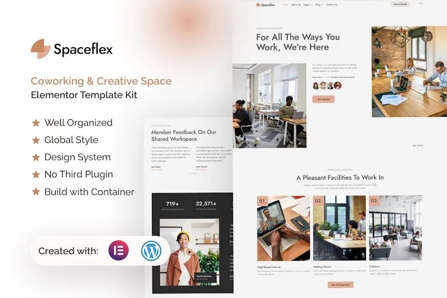 SpaceFlex - Kit de plantillas Elementor Pro para espacios creativos y de coworking