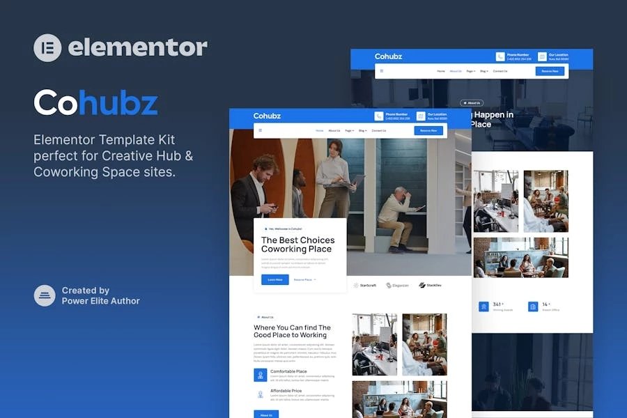 Cohubz - Template Kit Elementor de Creative Hub y espacio de coworking
