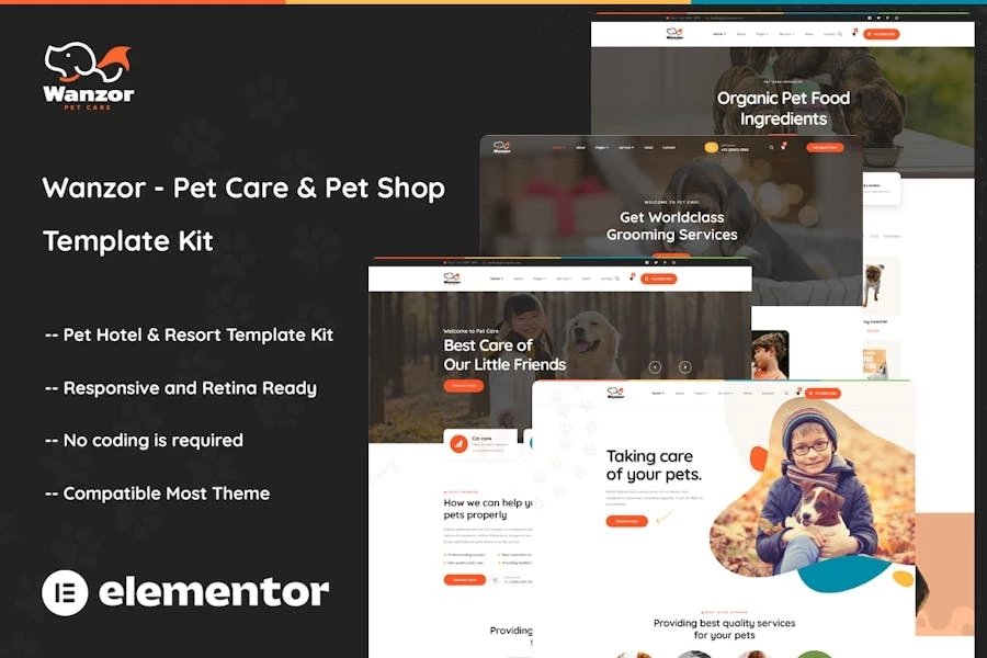 Wanzor - Kit de plantillas Elementor Pro para cuidado y tienda de mascotas