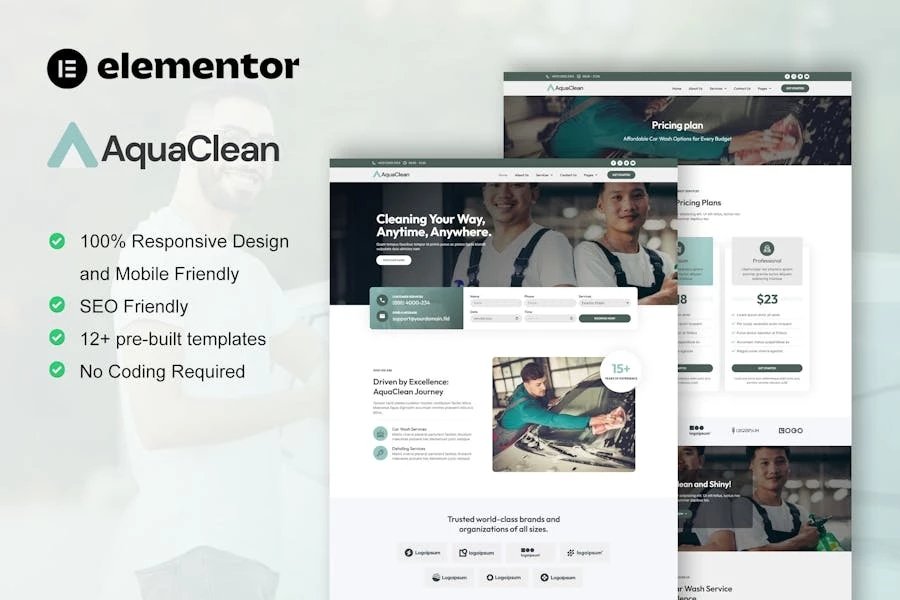 AquaClean - Kit de plantillas Elementor para servicios de lavado y limpieza de automóviles