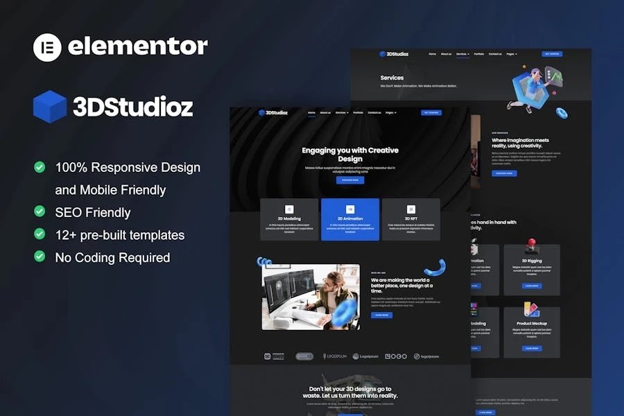3dstudioz - Template Kit Elementor para estudio de diseño y animación 3D