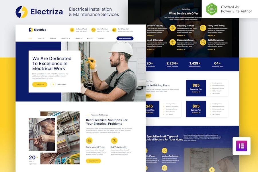 Electriza - Template Kit Elementor para servicios de instalación y mantenimiento eléctricos