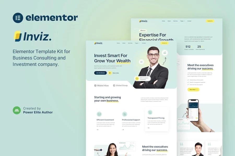 Inviz Template Kit Elementor para consultoría empresarial e inversión