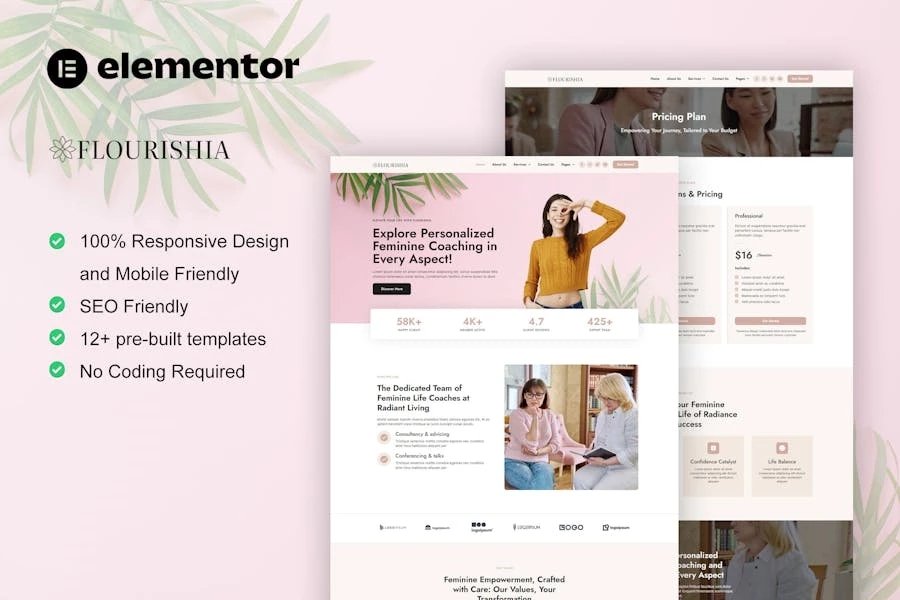Flourishia - Kit de plantillas Elementor Pro para coaching empresarial femenino