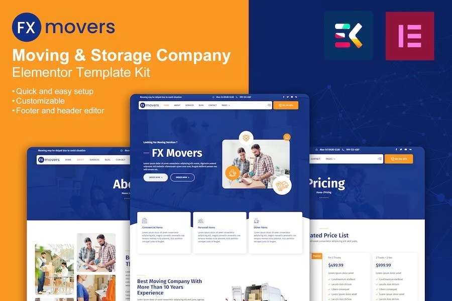 FX Movers - Template Kit Elementor para empresas de mudanzas y almacenamiento