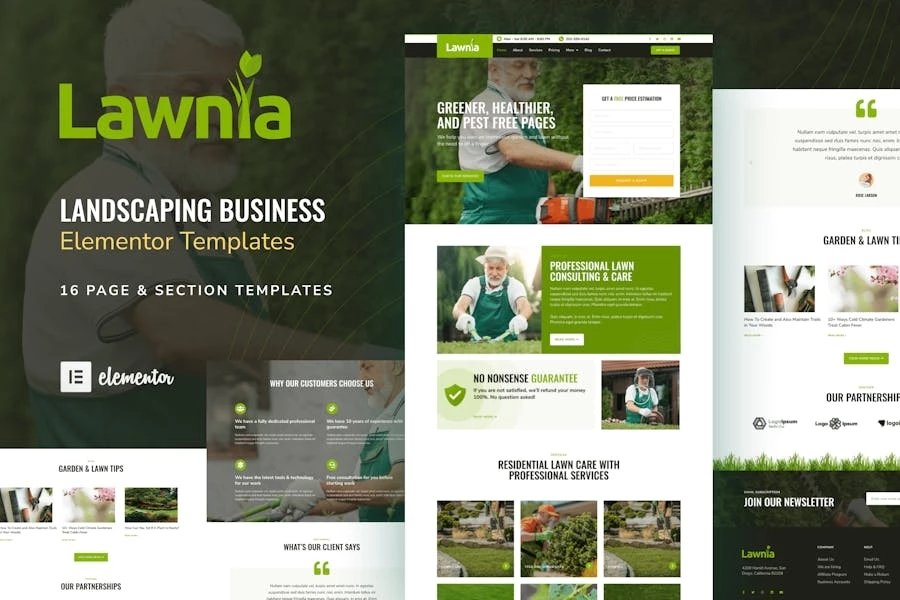 Lawnia - Kit de plantillas Elementor para negocios de jardinería y paisajismo