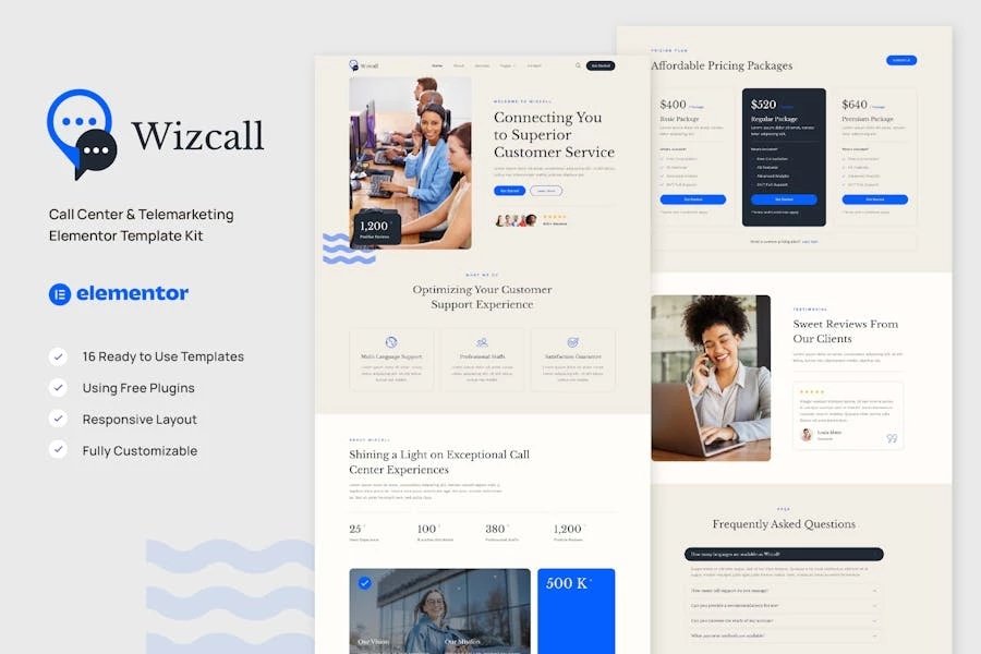 Wizcall - Kit de plantillas Elementor para centros de llamadas y telemarketing