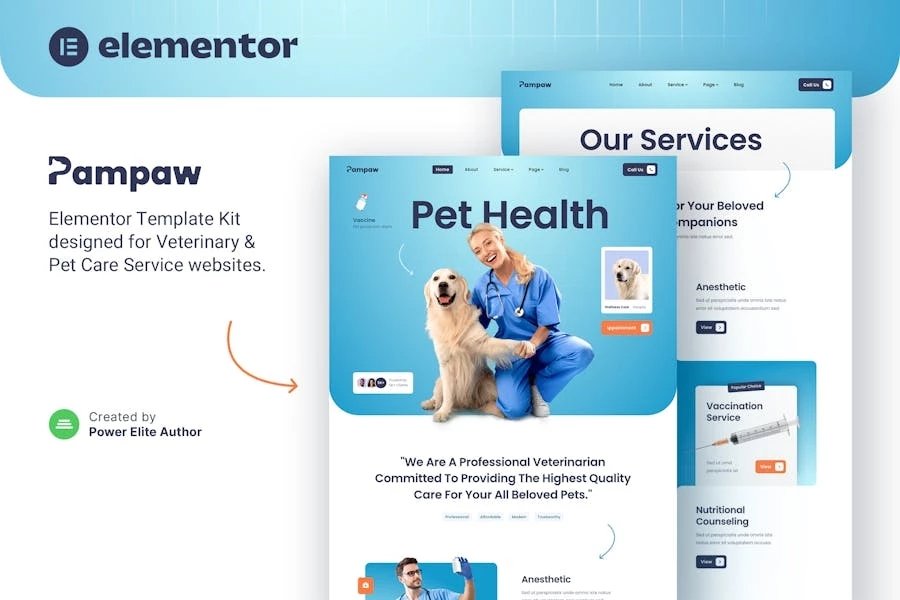 Pampaw Template Kit Elementor para servicios veterinarios y de cuidado de mascotas