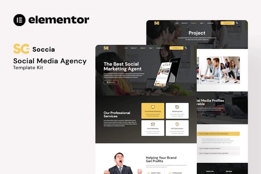 Soccia - Template Kit Elementor de la agencia de redes sociales