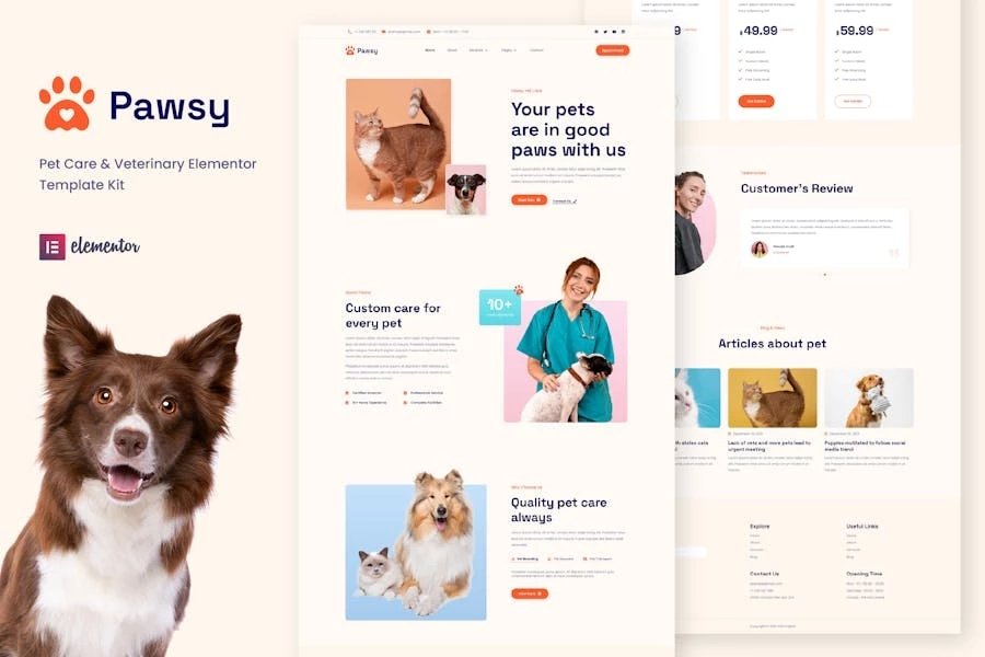 Pawsy - Template Kit Elementor para cuidado de mascotas y veterinaria