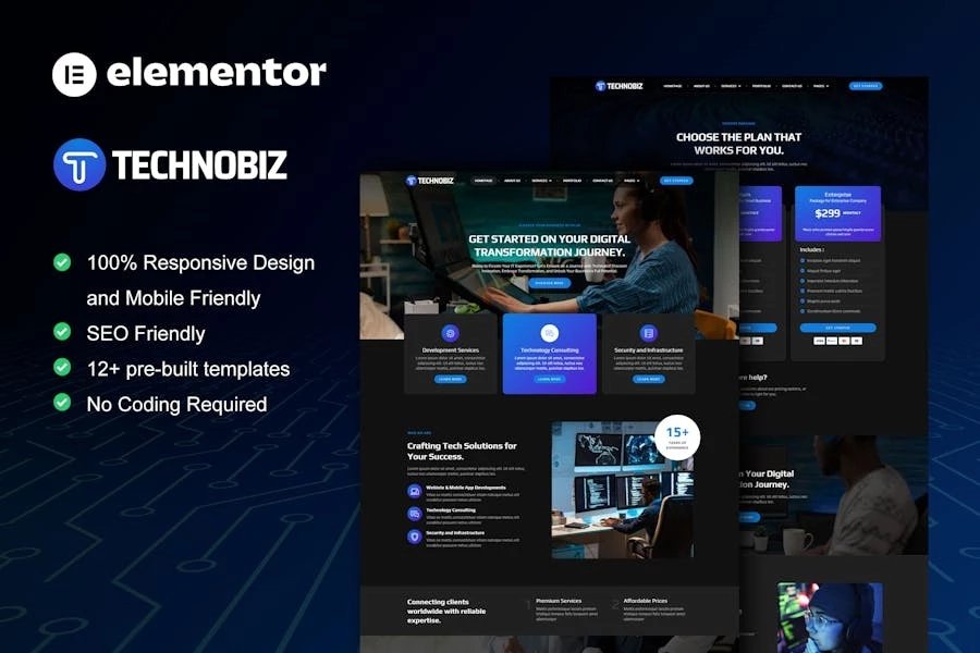 TechnoBiz - Kit de plantillas Elementor Pro para soluciones y servicios de TI
