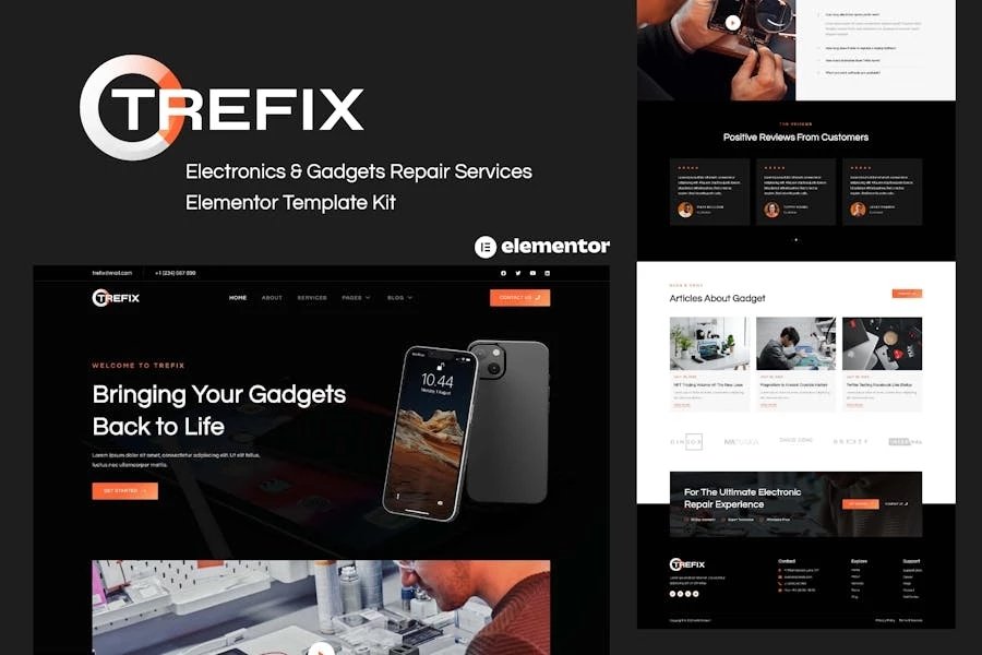 Trefix - Template Kit Elementor para servicios de reparación de dispositivos electrónicos y gadgets